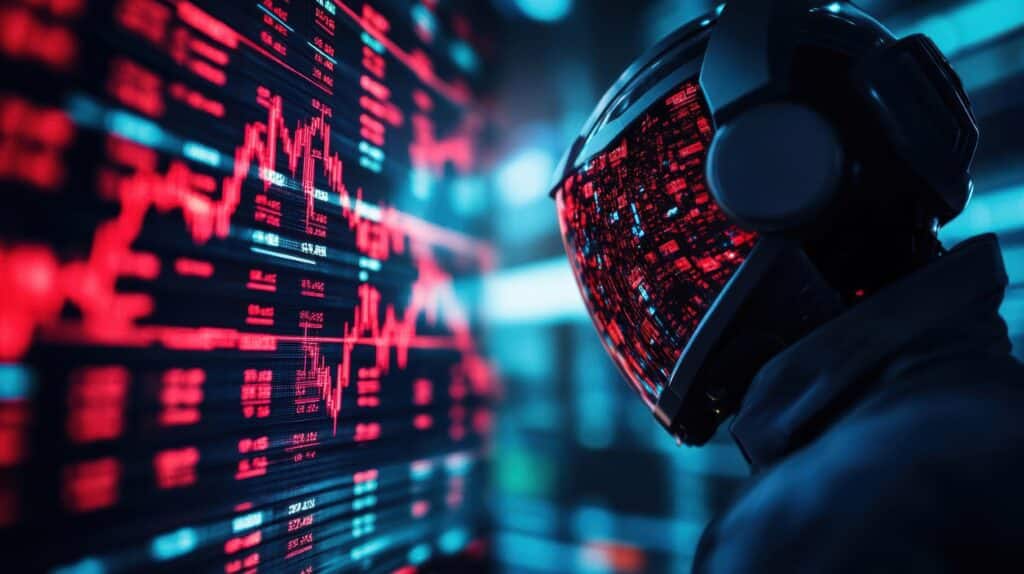 A person in a futuristic helmet stands before large digital screens flashing red data and charts, reflecting a cyberpunk world where RocketEdge.com optimizes large-scale financial modeling on the cloud with GPU power.