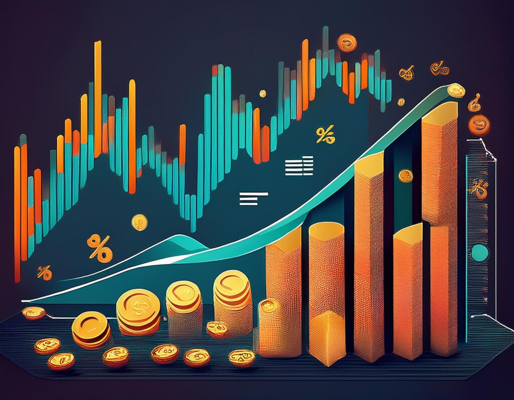 A colorful 3D illustration of financial graphs, bar charts, coins, and percentage symbols, representing economic growth, investment, or data analysis on a dark background.