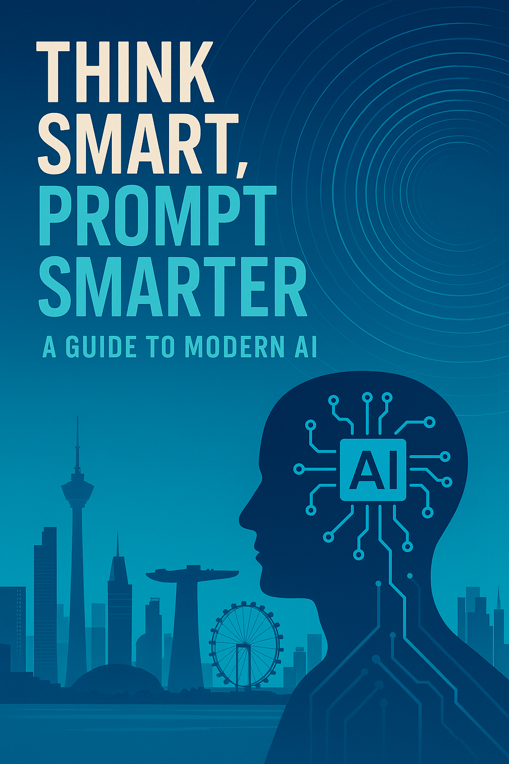 A book cover featuring the title Think Smart, Prompt Smarter: A Guide to Modern AI, with a city skyline and a human head silhouette filled with AI circuitry on a blue background—perfect for those interested in an AI prompt engineering course for professionals.