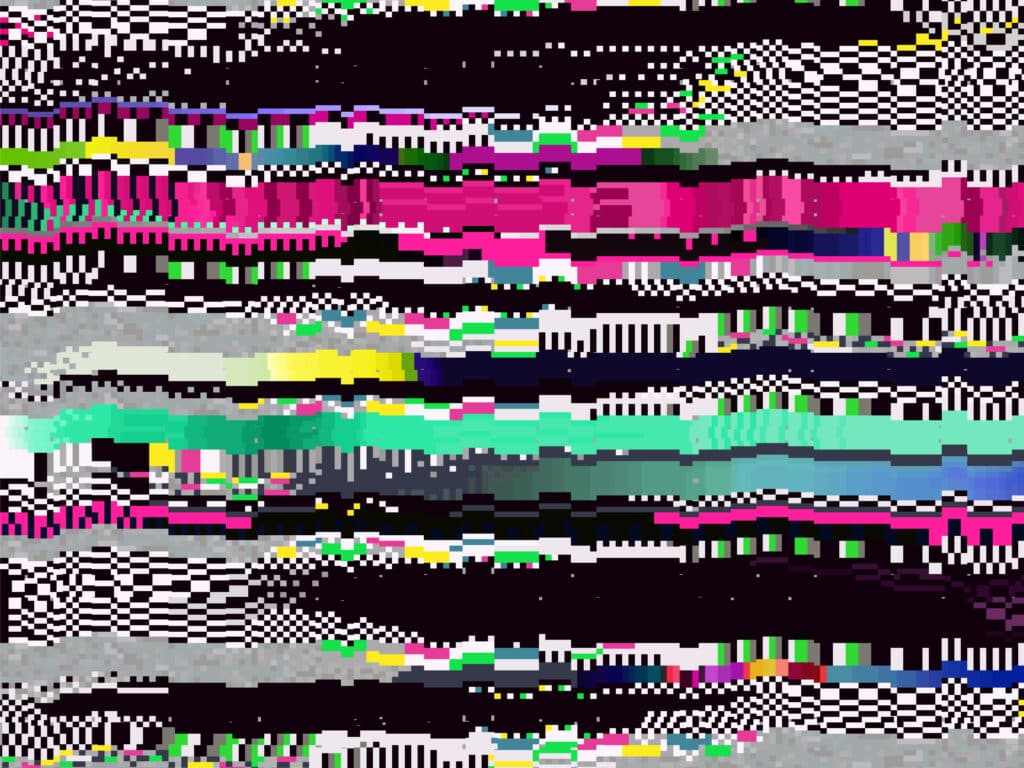 Abstract digital artwork featuring horizontal glitch-like stripes in black, white, pink, green, yellow, and teal, with pixelated, distorted areas throughout, creating a vibrant, chaotic, and fragmented visual effect.