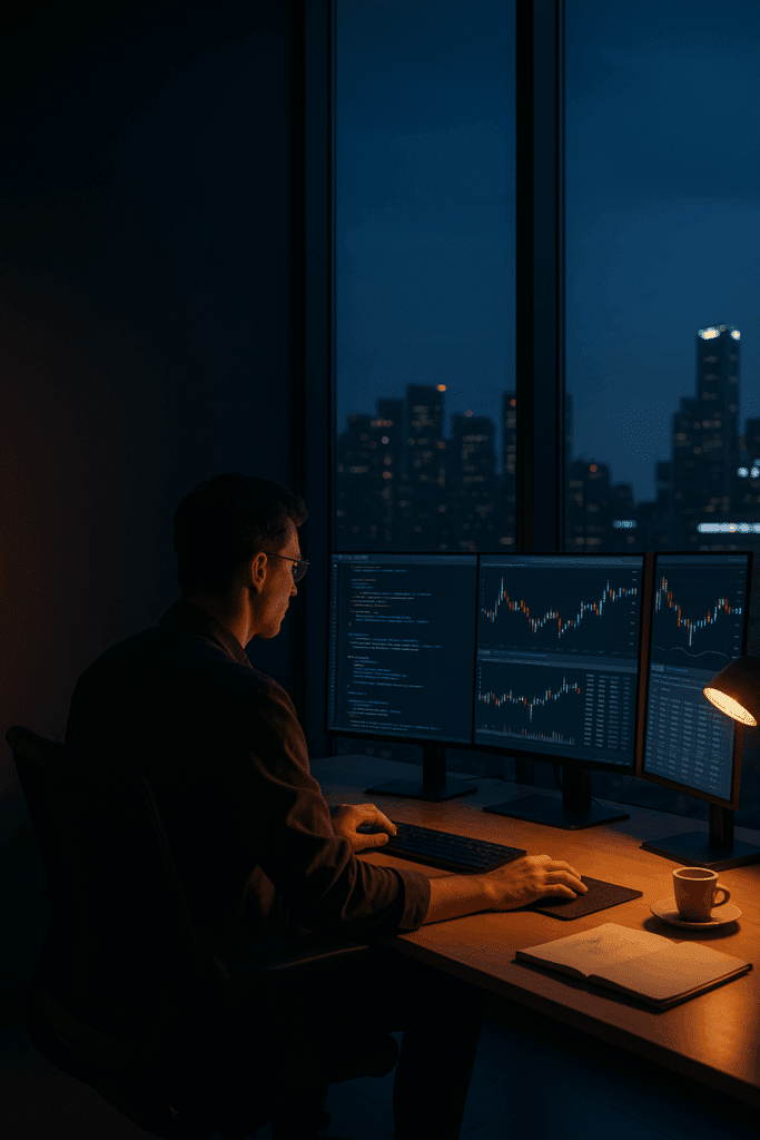 A person works at a desk with multiple monitors displaying financial charts and code, in a dimly lit office with large windows overlooking a city skyline at night. A cup, notebook, and lamp are on the desk.