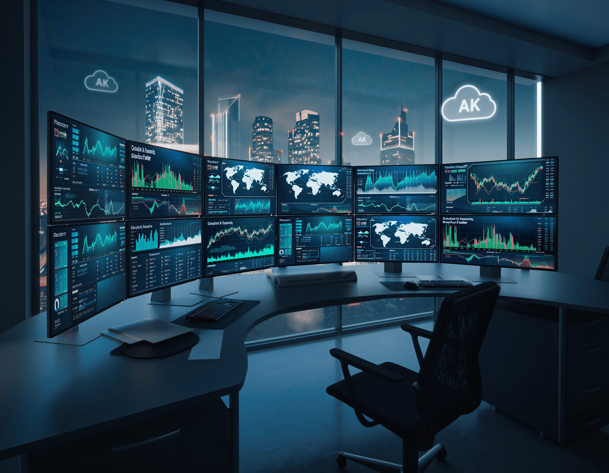 A modern trading desk with multiple curved monitors displaying financial charts and data, set in an office with large windows overlooking a city skyline at night.