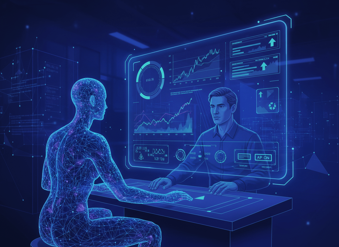 A human and a digital humanoid sit across from each other at a desk, interacting with a large futuristic screen displaying charts, graphs, and data visualizations in a blue-toned digital environment.