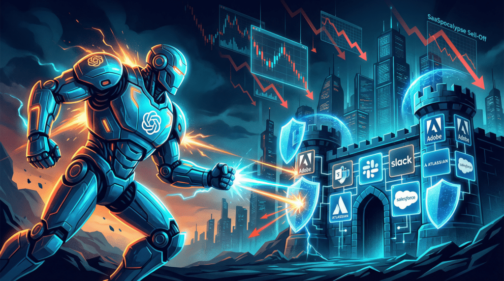 A futuristic robot fires energy blasts at a fortified castle protected by shields bearing SaaS company logos. Red arrows and falling stock charts indicate declining SaaS stock prices against a cityscape backdrop.