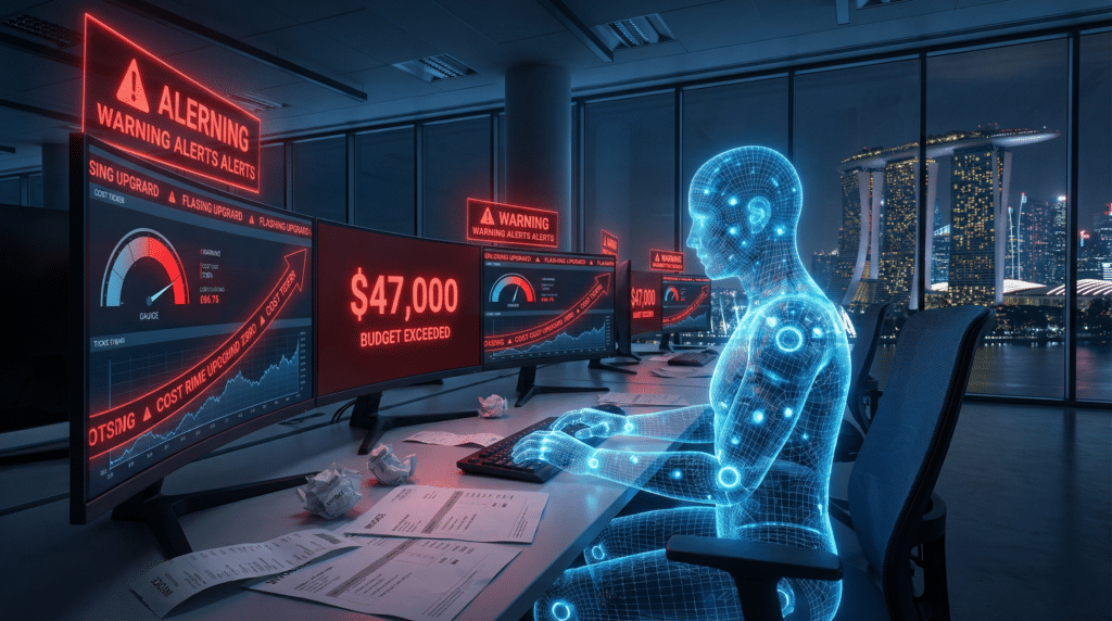 A glowing humanoid figure works at a desk with multiple monitors showing cybersecurity alerts, warnings, and a $47,000 budget breach, in a modern office overlooking a cityscape at night.