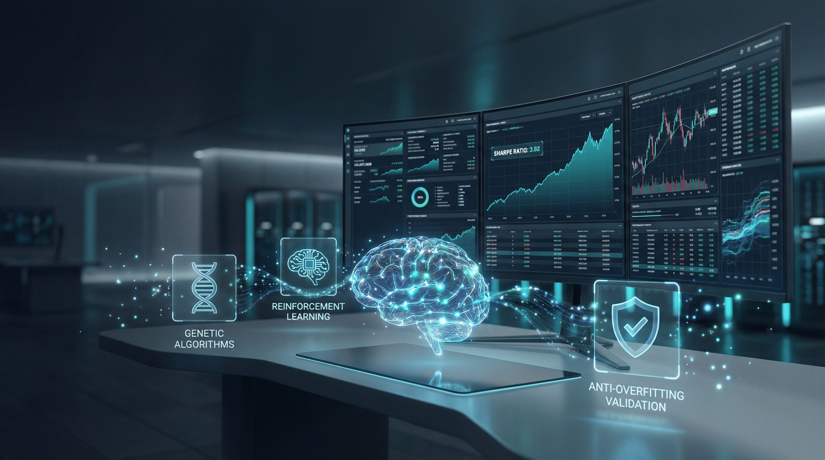 A digital brain hologram floats above a desk with three computer monitors displaying data charts and graphs. Icons for genetic algorithms, reinforcement learning, and anti-overfitting validation are highlighted.