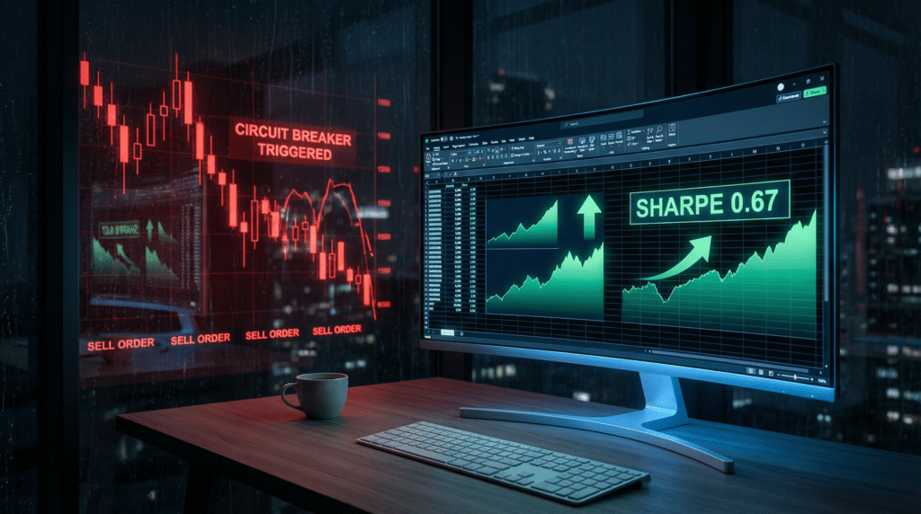 A modern office at night with a computer displaying upward-trending financial graphs and a Sharpe ratio of 0.67, while a window shows a red trading screen with “Circuit Breaker Triggered.”.