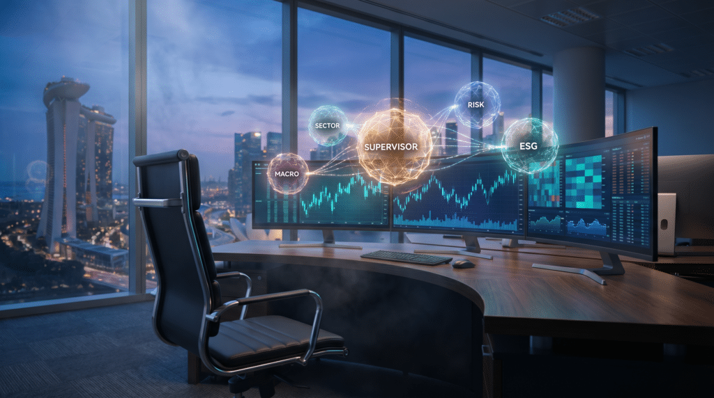 A modern office with multiple monitors displaying financial data and charts. Digital bubbles labeled Supervisor, Risk, ESG, Sector, and Macro float above the setup. Cityscape visible through large windows.
