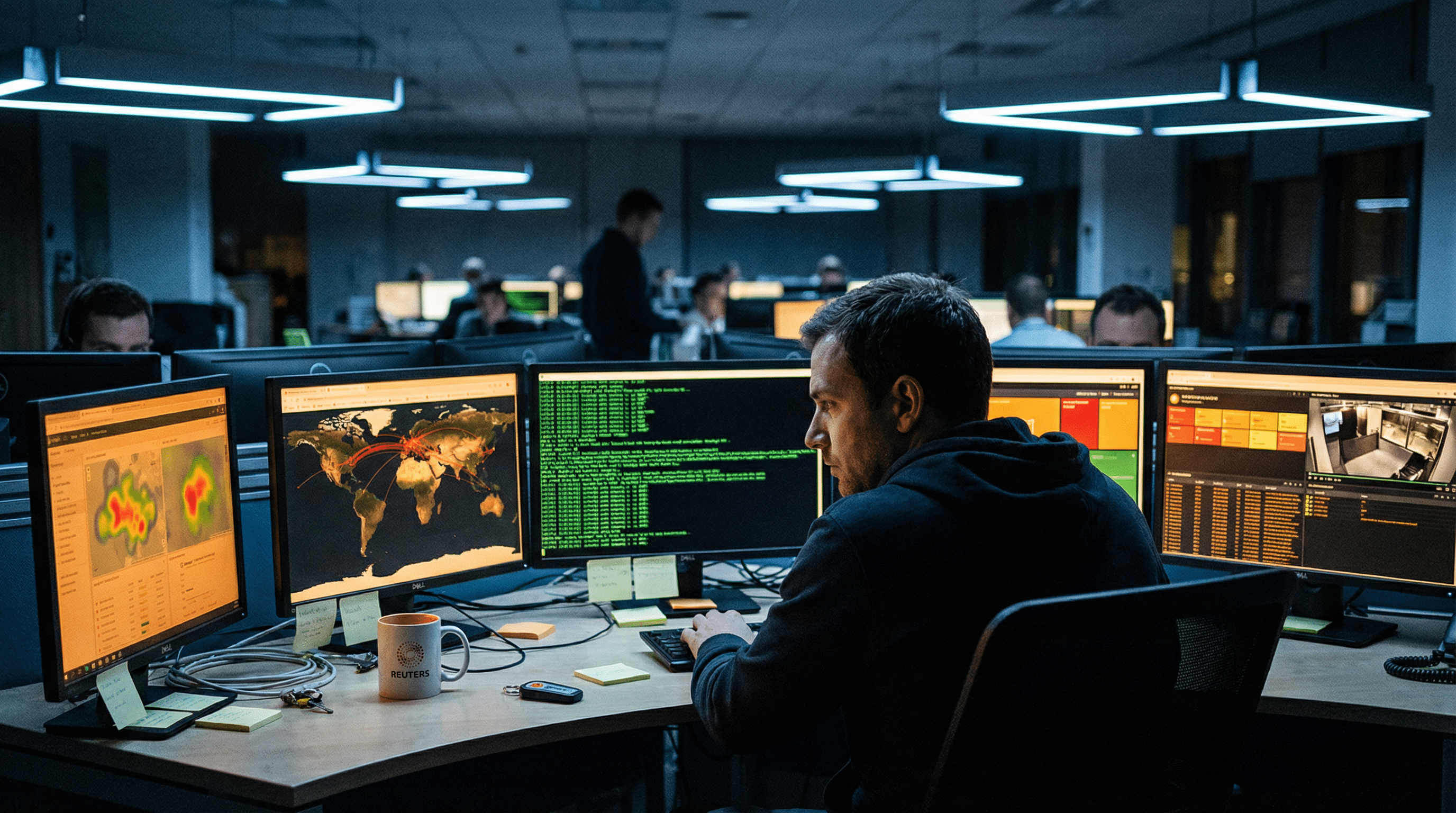 A man works at a desk with multiple computer monitors displaying maps, code, and security footage in a dimly lit office, alongside other people at similar workstations. A mug and sticky notes are on his desk.