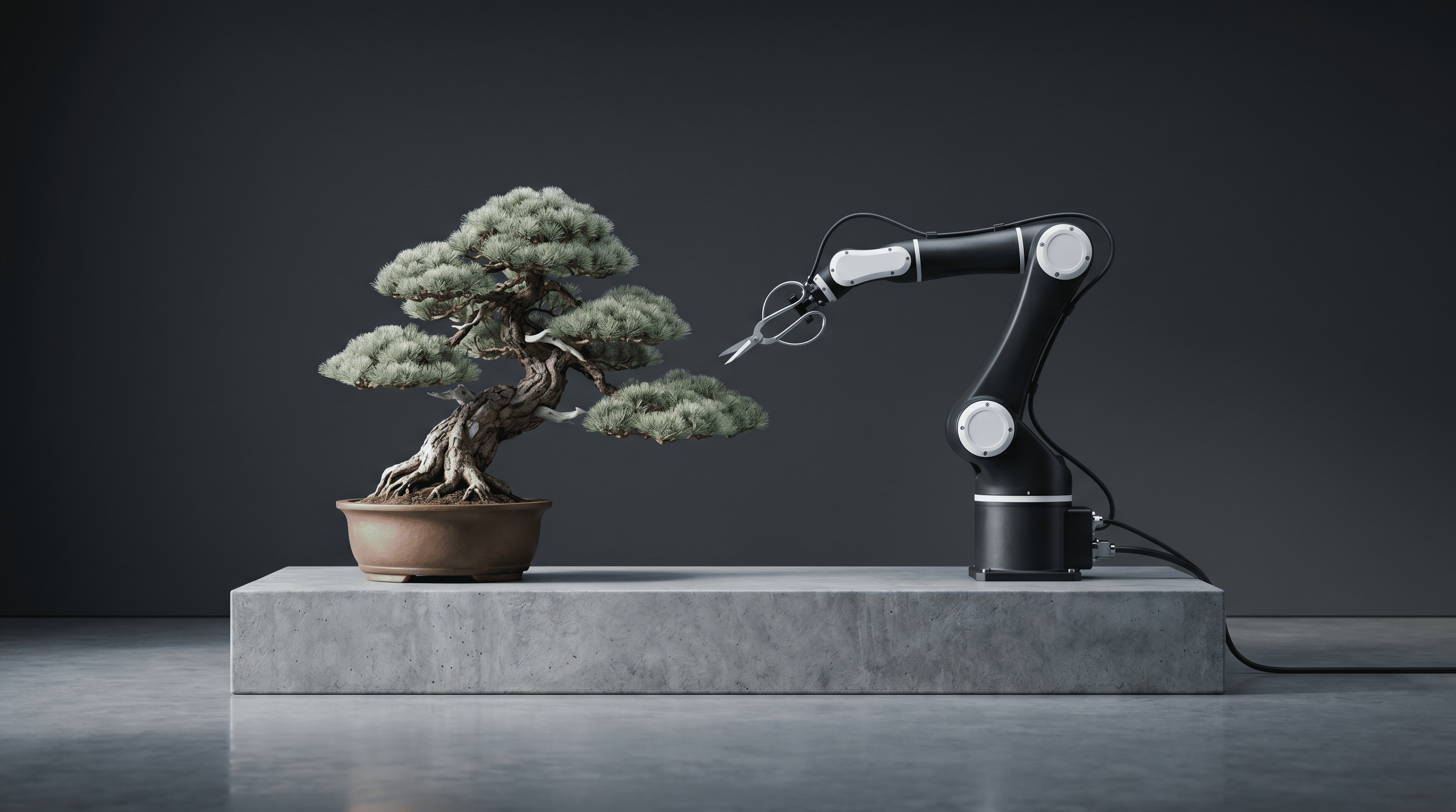 A robotic arm holding scissors is positioned next to a potted bonsai tree on a concrete platform, symbolizing the blend of technology and nature.