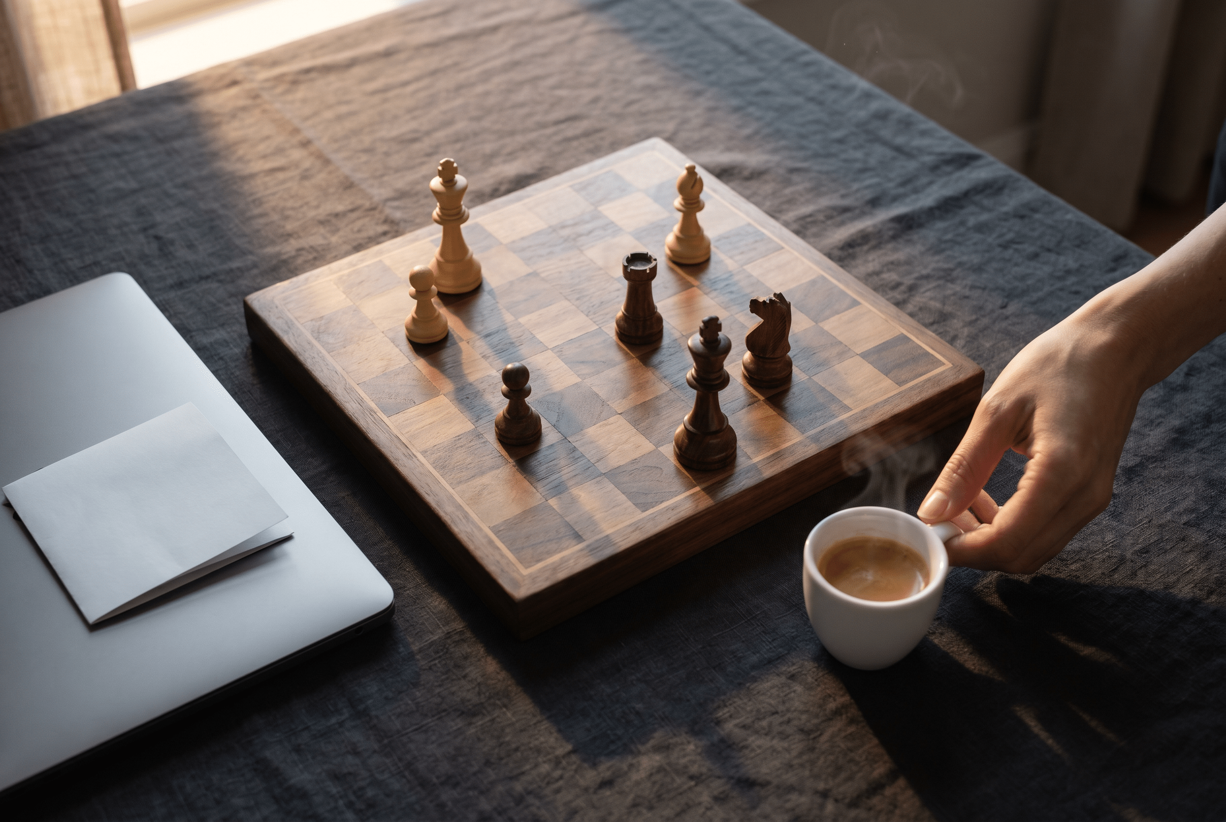 A person’s hand picks up a cup of coffee beside a chessboard with pieces in play on a dark table. A closed laptop with an envelope on top sits next to the chessboard. Sunlight casts soft shadows across the scene.