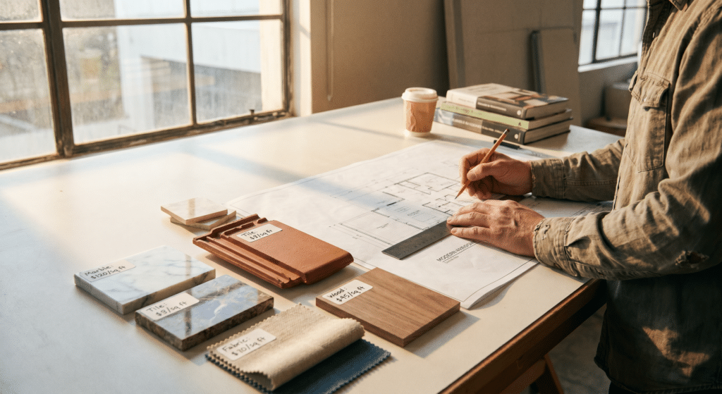 A person sketches on architectural plans at a sunlit desk, surrounded by labeled material samples, fabric swatches, a coffee cup, and stacked books near large windows.