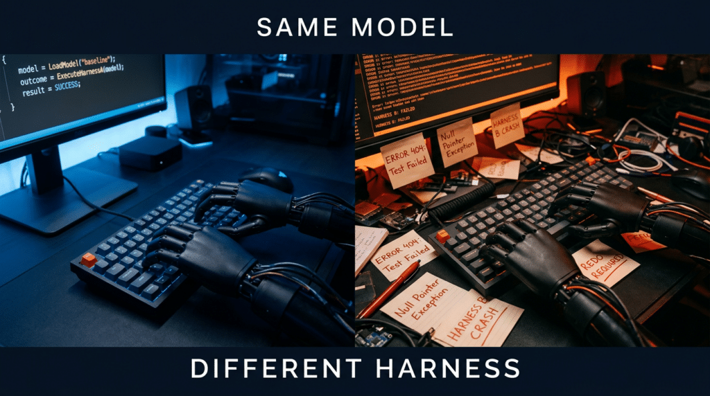 Split image: Left side shows a robot hand typing on a clean keyboard by a monitor with code; right side shows the same robot hand typing on a cluttered keyboard with error notes, both labeled SAME MODEL DIFFERENT HARNESS.