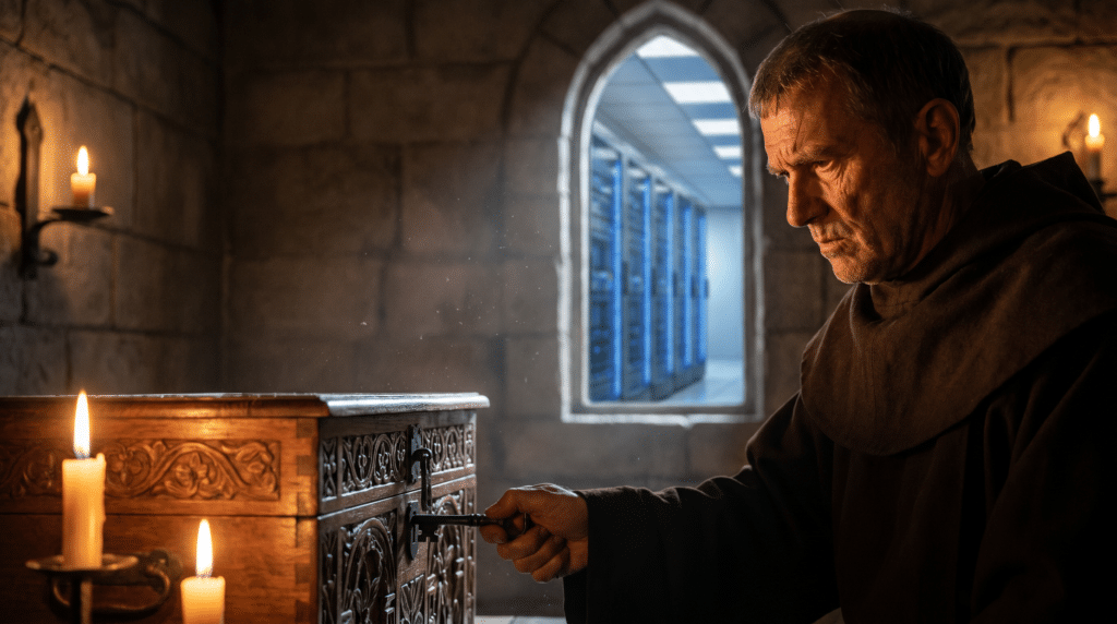 A monk in a candle-lit stone room unlocks an ornate wooden chest; through an arched window, a modern server room is visible, blending ancient and contemporary imagery.