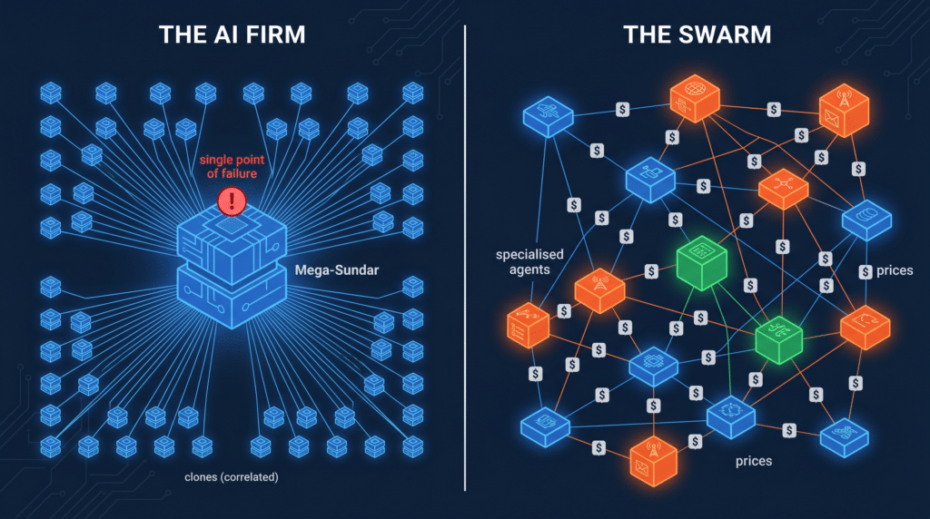 A split diagram compares The AI Firm, a centralized system with one failure point, to The Swarm, a decentralized network of specialized agents exchanging prices. Both use blue and orange cubes connected by lines.