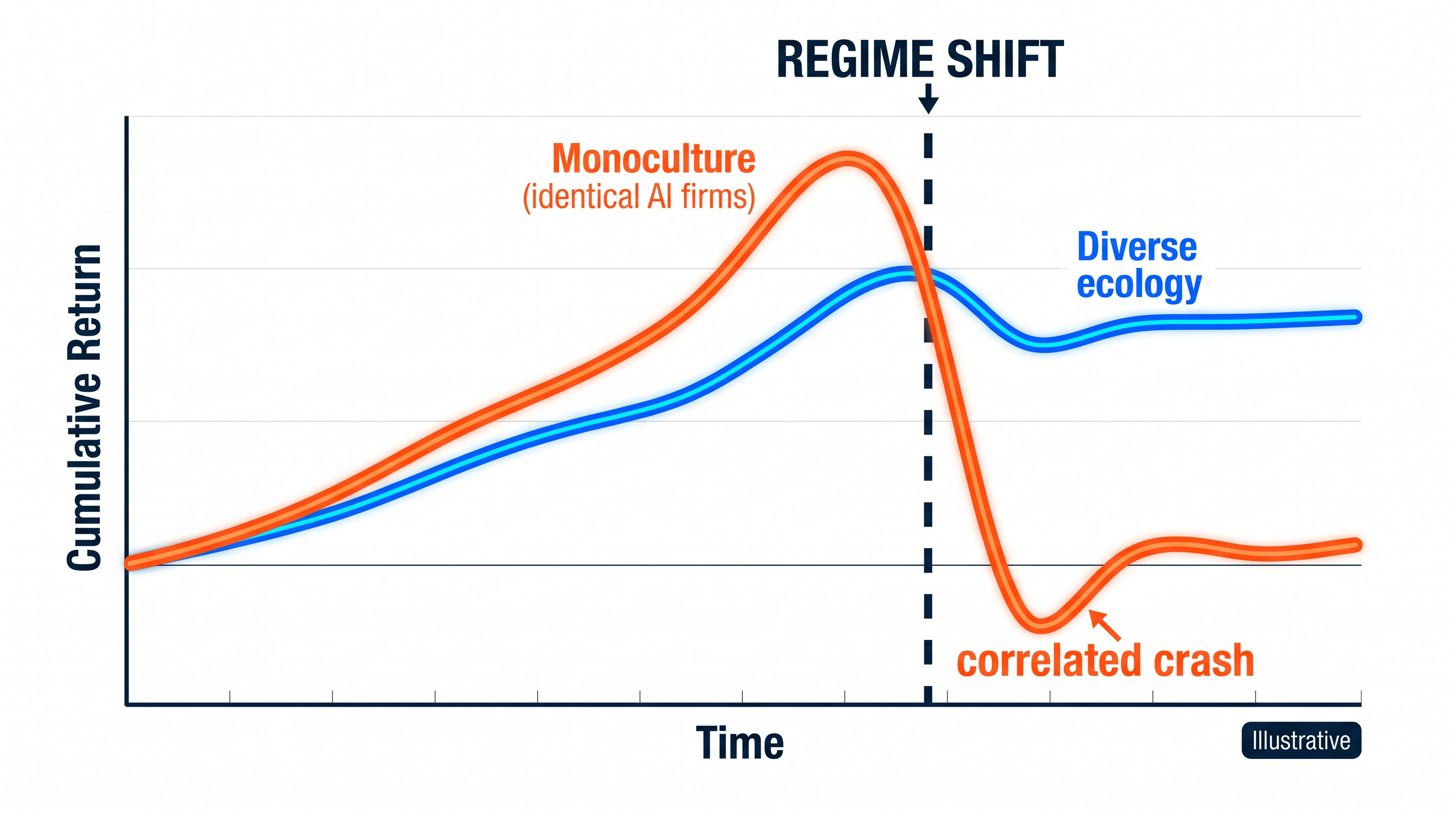 Line graph showing cumulative return over time for two scenarios: Monoculture (identical AI firms) rises then crashes after a regime shift, while Diverse ecology rises steadily and remains stable after the shift.