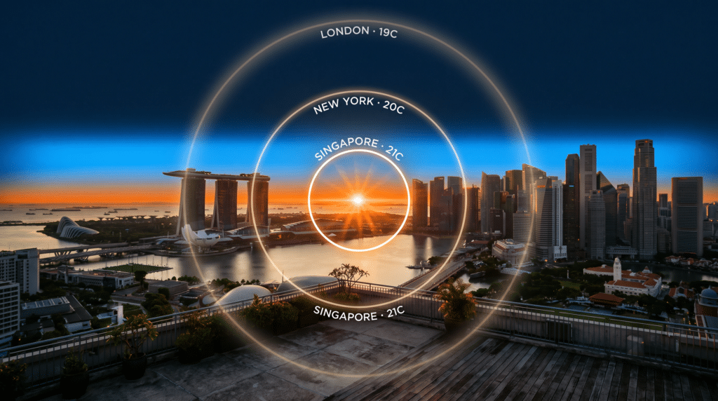 A city skyline at sunrise with temperature rings labeled London 19°C, New York 20°C, Singapore 21°C, centered on the sun over Marina Bay Sands and surrounding buildings.