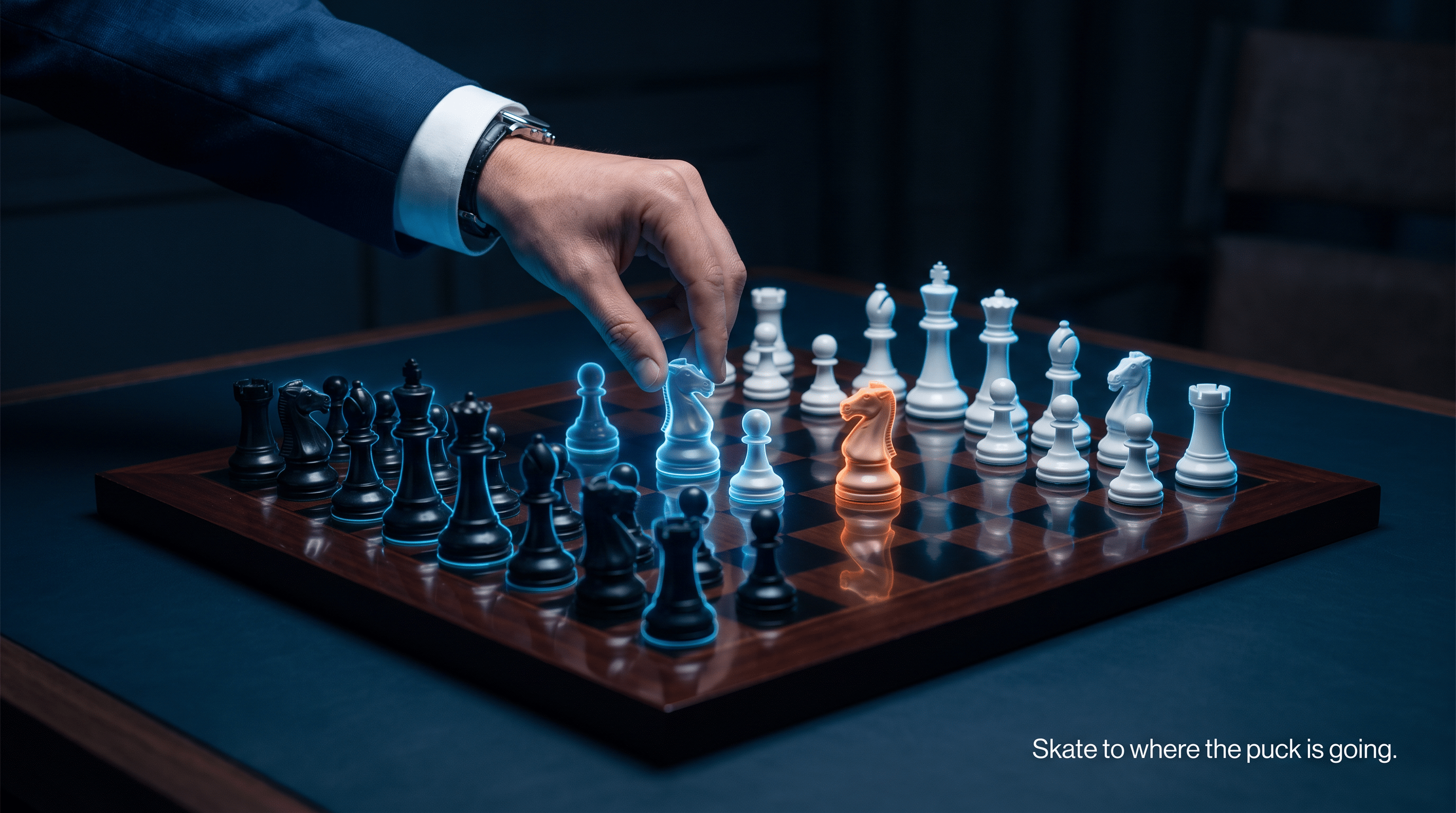 A person moves a glowing blue pawn on a chessboard, with some white pieces also glowing. The scene is dimly lit. Text in the corner reads, Skate to where the puck is going..