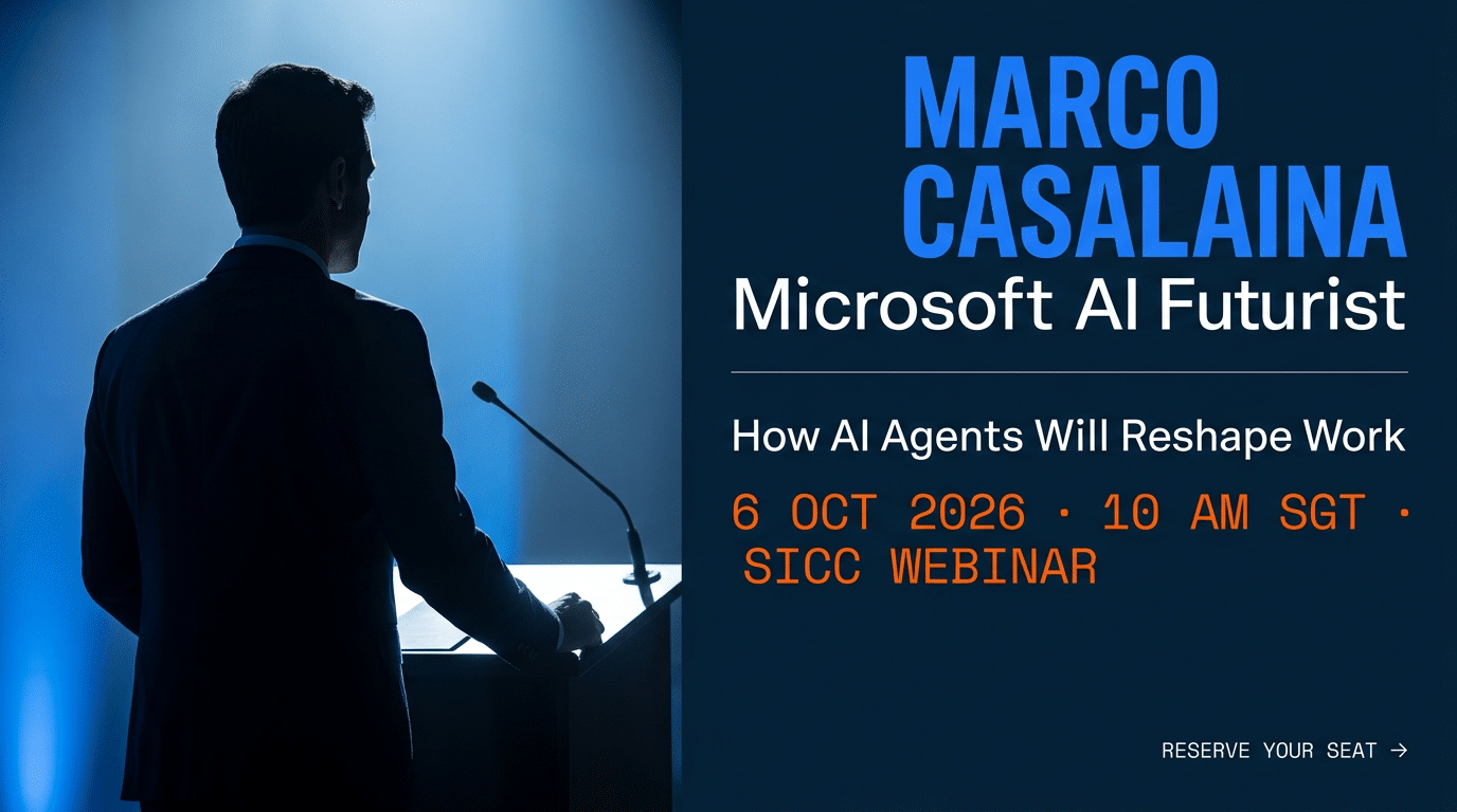 A man stands at a podium on stage with a microphone. Text promotes a Microsoft AI webinar featuring Marco Casalaina on October 6, 2026, discussing how AI agents will reshape work.