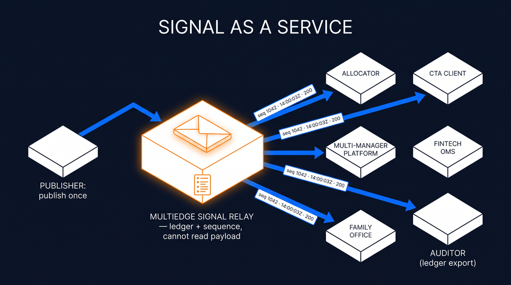 A flowchart of Signal as a Service showing data moving from a publisher through a signal relay to various platforms like allocator, CTA client, fintech OMS, family office, and auditor.