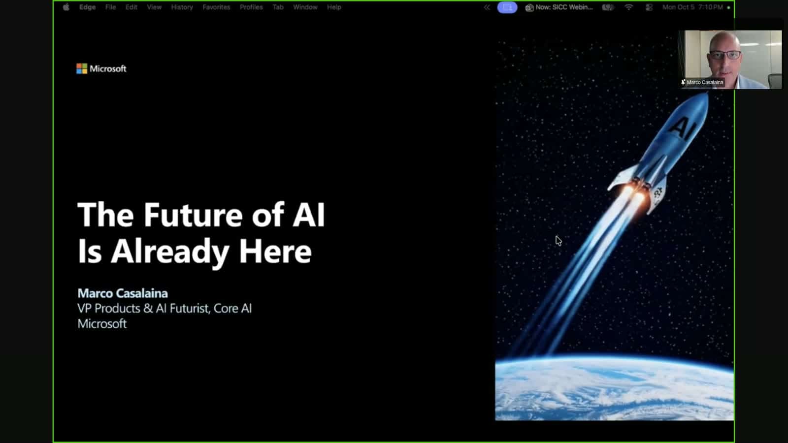 Presentation slide titled The Future of AI Is Already Here featuring a rocket launching into space, with a small video window of speaker Marco Casalaina in the corner.