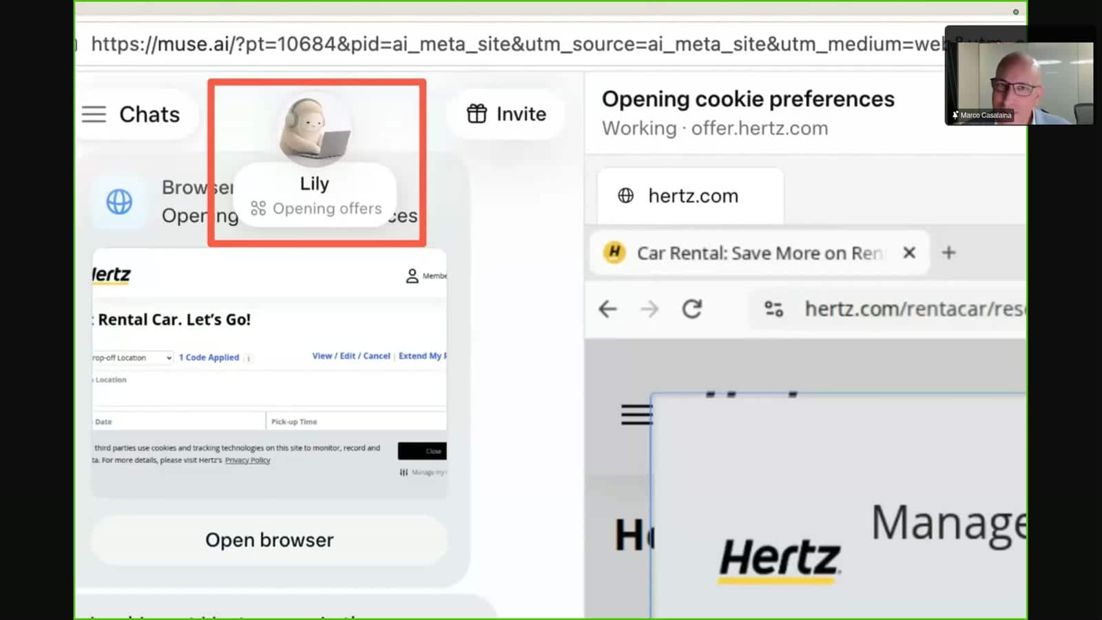 A computer screen displaying a browser window and a video chat overlay, with a highlighted pop-up box showing a user named Lily browsing the Hertz car rental website.
