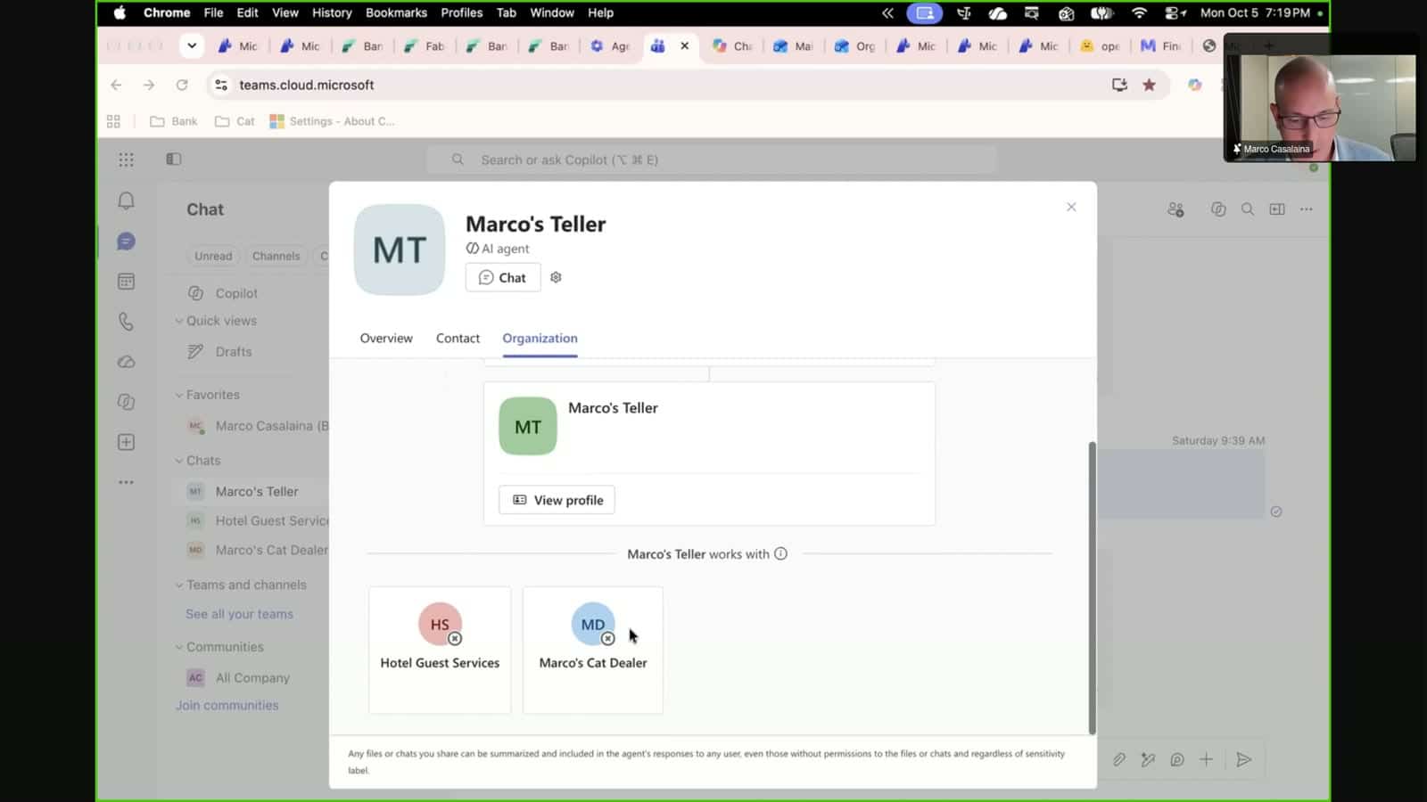 A Microsoft Teams interface showing a Marcos Teller AI agent profile window, which lists Hotel Guest Services and Marcos Cat Dealer as associated agents.