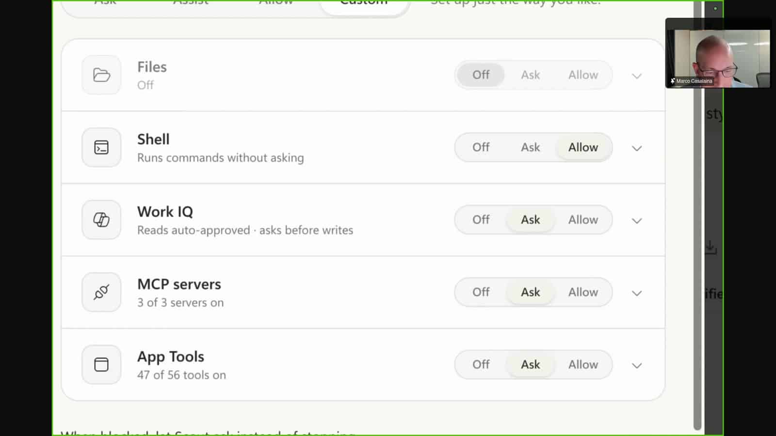 Settings menu for system permissions showing toggle options for Files, Shell, Work IQ, MCP servers, and App Tools.