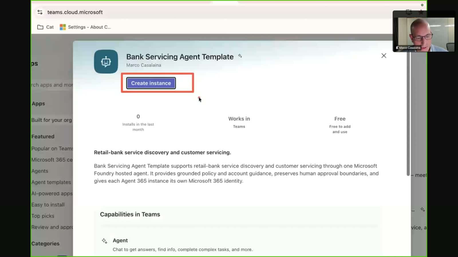 A Microsoft Teams window displaying the Bank Servicing Agent Template page, showing the app description, key capabilities, and a button to Create instance.