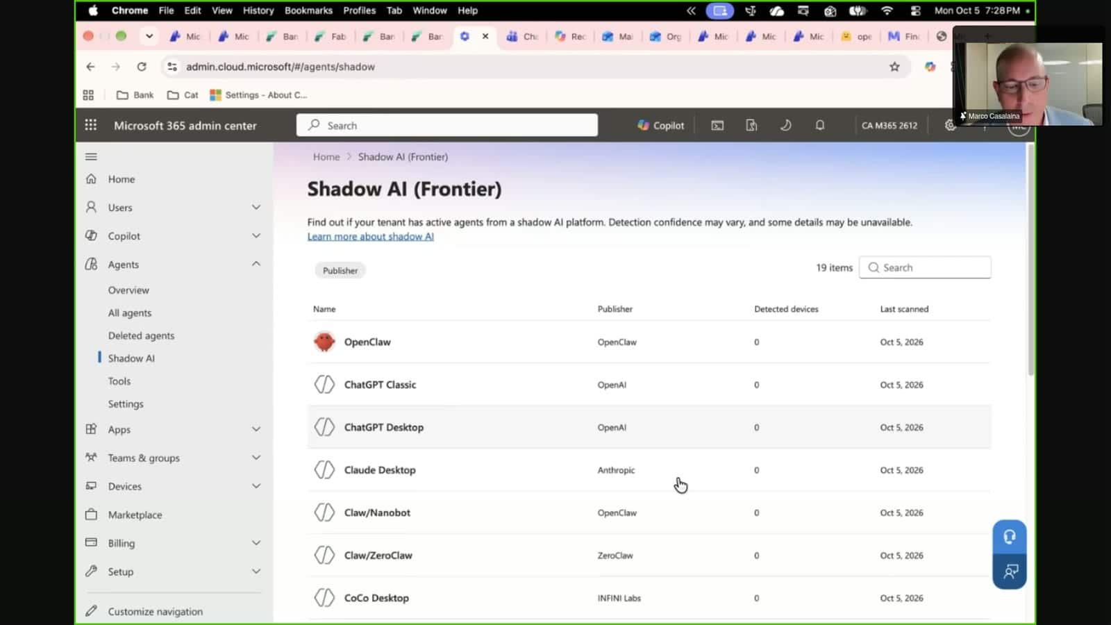 A screenshot of the Microsoft 365 admin center showing a list of AI agents, with a small video window of a man in the top right corner.