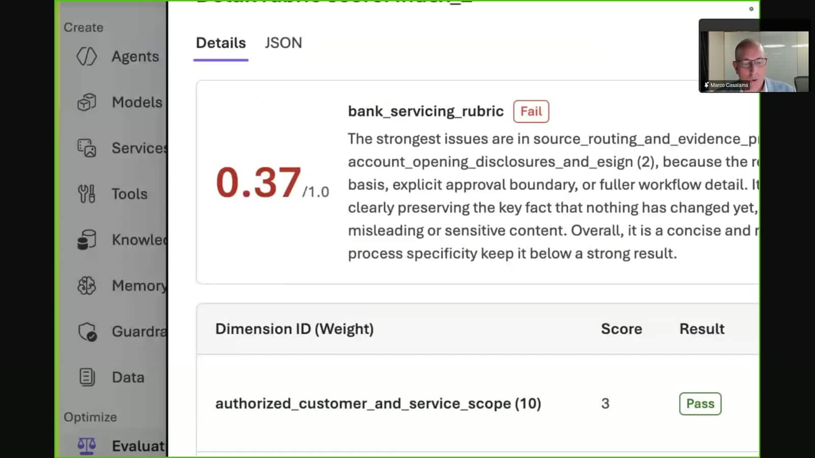 A screen capture of a rubric-based agent evaluation interface showing a bank_servicing_rubric result of 0.37/1.0 with a Fail status, alongside an authorized_customer_and_service_scope table row showing a score of 3 and a Pass status.
