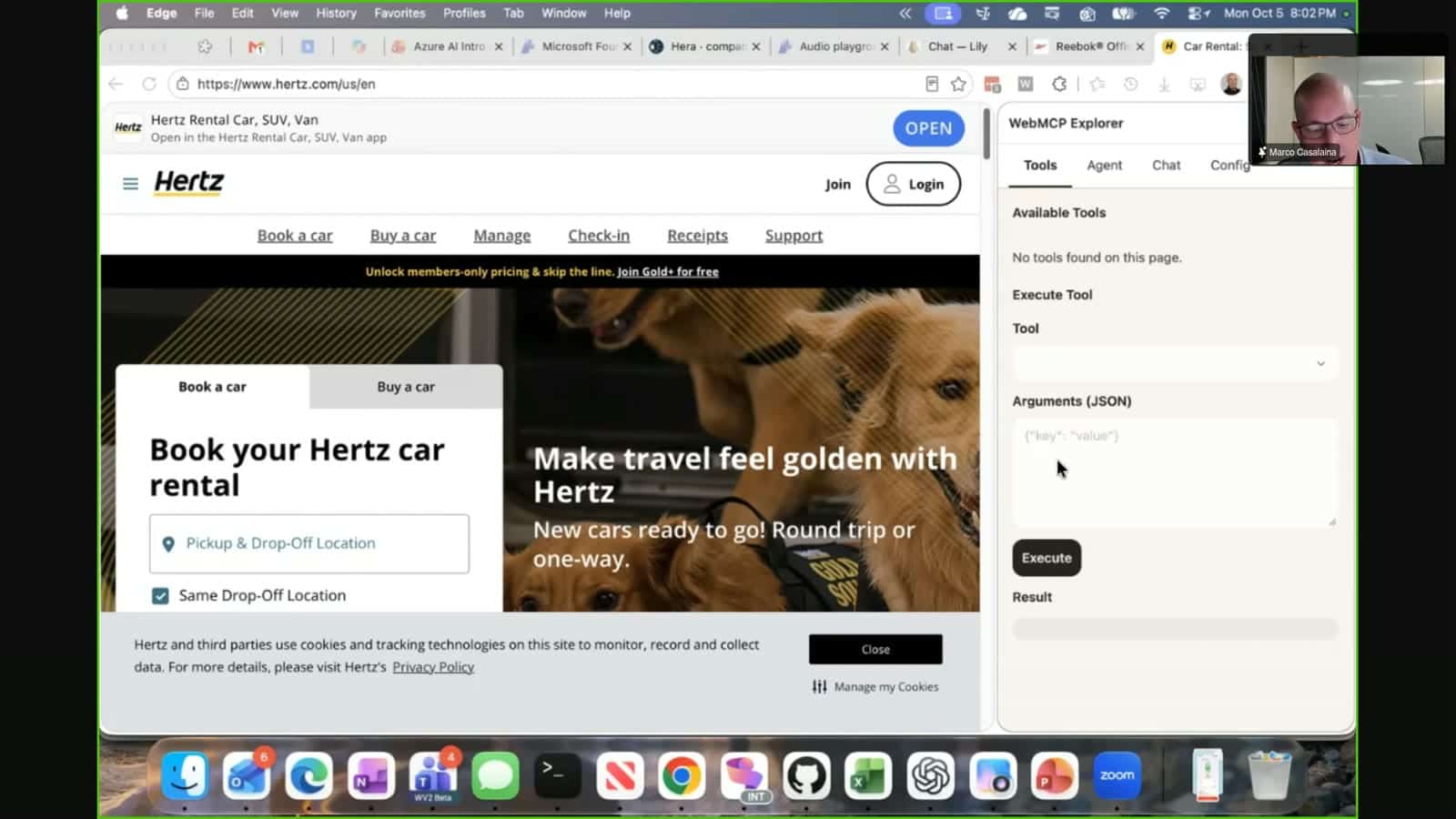 A computer screen displaying the Hertz rental car website in the main browser window and a WebMCP Explorer tool panel on the right, with a video call thumbnail of a man in the top corner.
