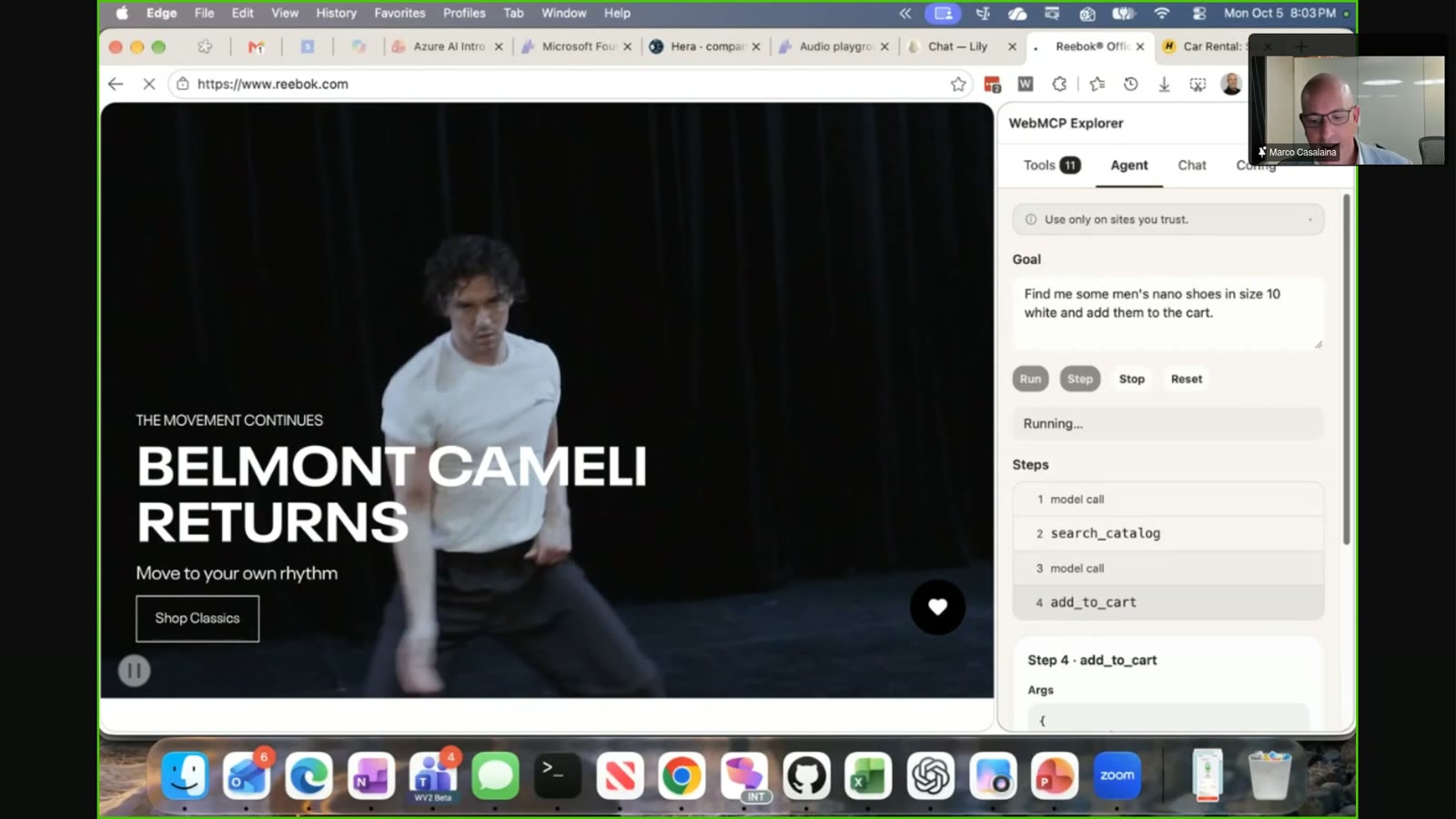 A web browser displaying the Reebok homepage and an AI agent sidebar running an automated task to add shoes to a shopping cart, with a small video call window in the top right corner.