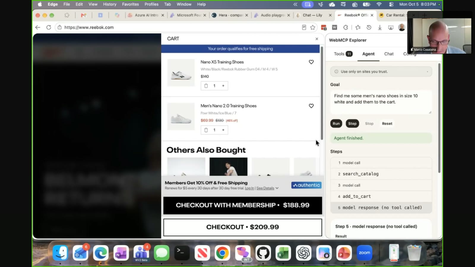 A browser window showing a Reebok shopping cart with two pairs of training shoes, alongside a WebMCP agent interface displaying task steps and a video call window of a man in the corner.